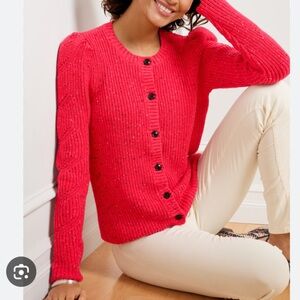 Talbots PUFF SLEEVE CARDIGAN TWEED Sweater Sz 1X Button Red Pink